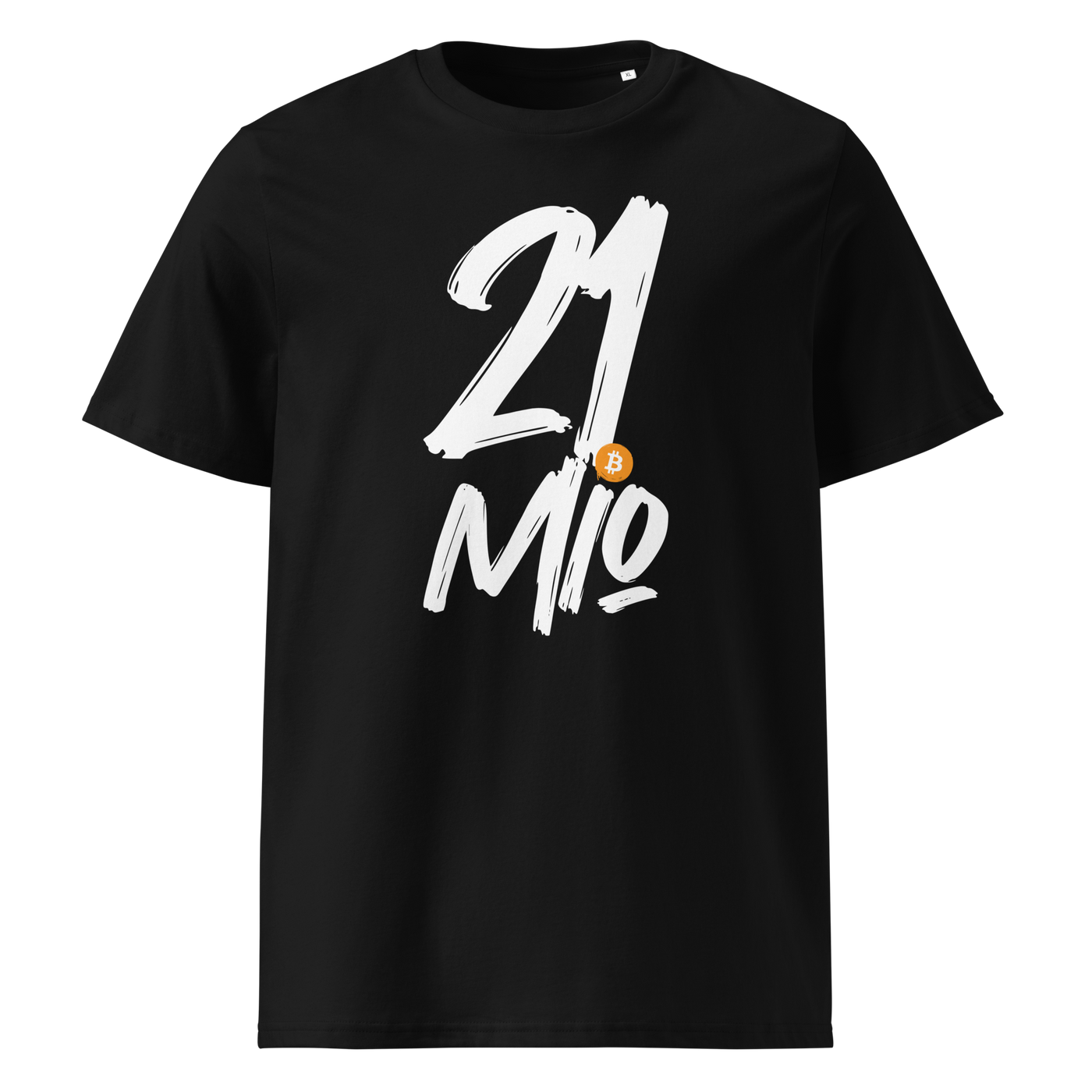 21 Million organic cotton bitcoin t-shirt in Black, front view: 21 Mio. in black brush lettering with an orange bitcoin coin.