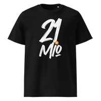 21 Million organic cotton bitcoin t-shirt in Black, front view: 21 Mio. in black brush lettering with an orange bitcoin coin.