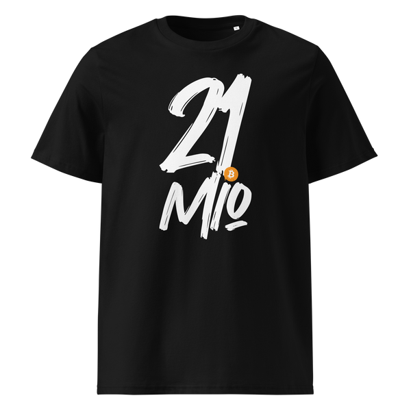 21 Million organic cotton bitcoin t-shirt in Black, front view: 21 Mio. in black brush lettering with an orange bitcoin coin.