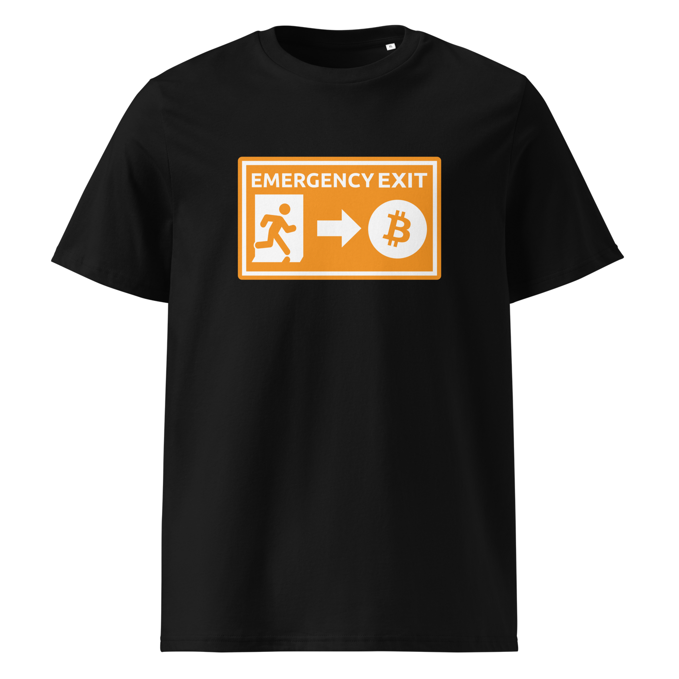 Emergency Exit organic cotton bitcoin t-shirt in Black, front view: an orange emergency exit sign where the running figure heads towards a bitcoin symbol.