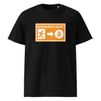 Emergency Exit organic cotton bitcoin t-shirt in Black, front view: an orange emergency exit sign where the running figure heads towards a bitcoin symbol.