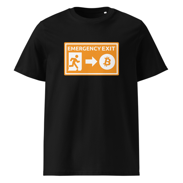 Emergency Exit organic cotton bitcoin t-shirt in Black, front view: an orange emergency exit sign where the running figure heads towards a bitcoin symbol.