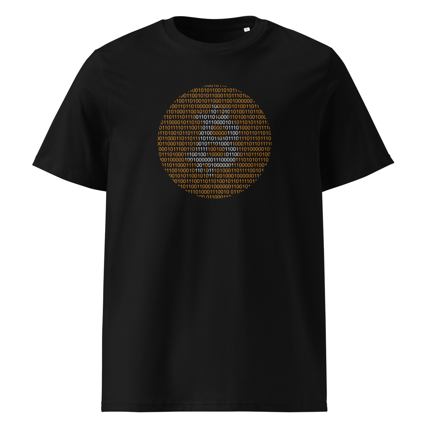 Bitcoin Binary organic cotton bitcoin t-shirt in Black, front view: an orange bitcoin symbol built from binary digits.