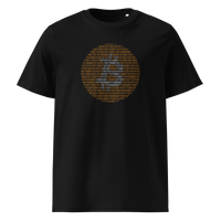 Bitcoin Binary organic cotton bitcoin t-shirt in Black, front view: an orange bitcoin symbol built from binary digits.
