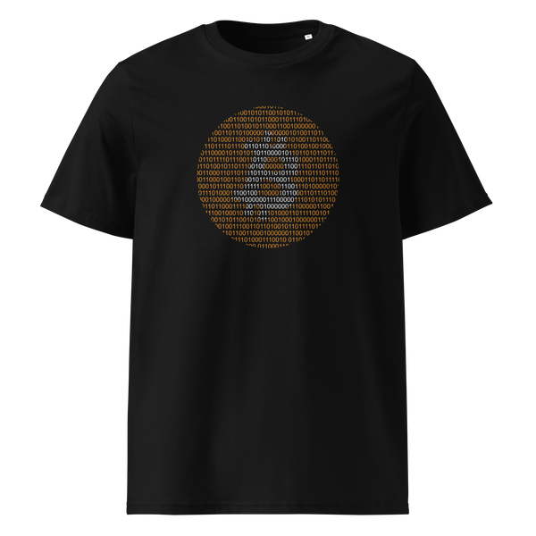 Bitcoin Binary organic cotton bitcoin t-shirt in Black, front view: an orange bitcoin symbol built from binary digits.