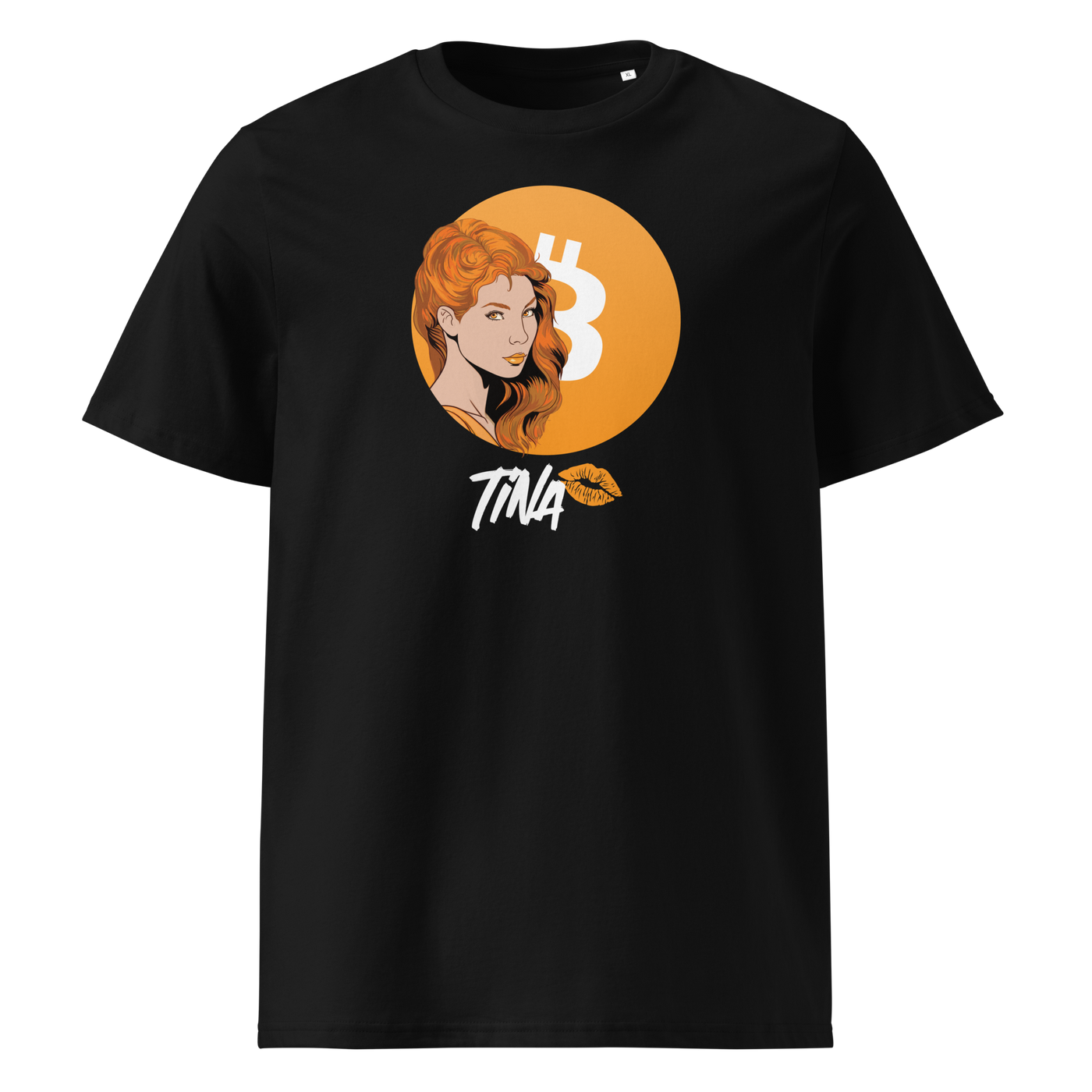 TINA organic cotton bitcoin t-shirt in Black, front view: an illustrated red haired woman in front of an orange bitcoin circle, signed TINA.