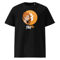 TINA organic cotton bitcoin t-shirt in Black, front view: an illustrated red haired woman in front of an orange bitcoin circle, signed TINA.