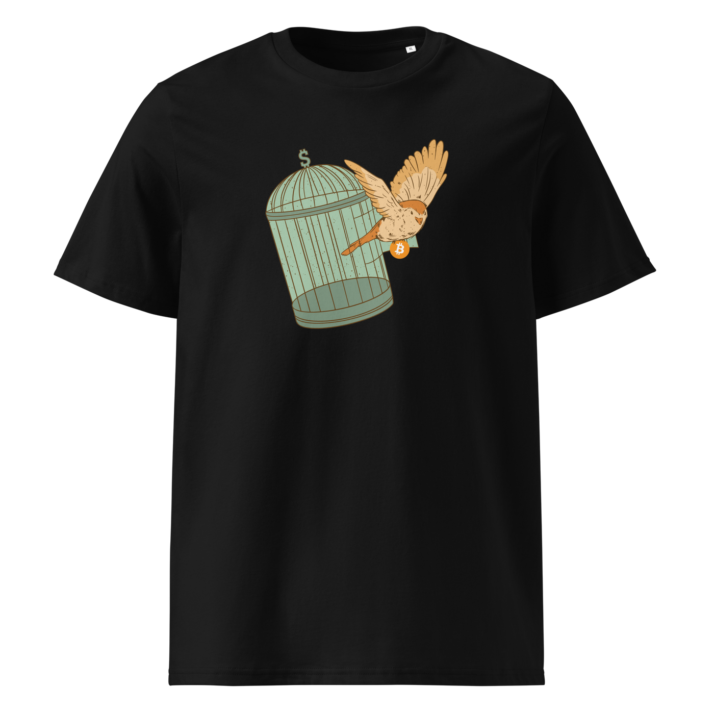 Escape from Fiat Madness organic cotton bitcoin t-shirt in Black, front view: an orange bird escaping from an open green birdcage.