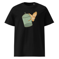 Escape from Fiat Madness organic cotton bitcoin t-shirt in Black, front view: an orange bird escaping from an open green birdcage.