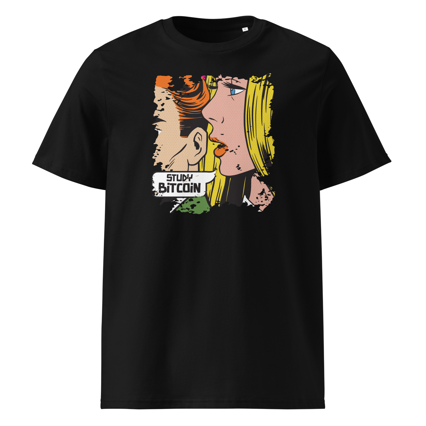 Study Bitcoin organic cotton bitcoin t-shirt in Black, front view: a pop art comic scene of a couple whispering, captioned Study Bitcoin.