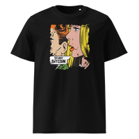 Study Bitcoin organic cotton bitcoin t-shirt in Black, front view: a pop art comic scene of a couple whispering, captioned Study Bitcoin.