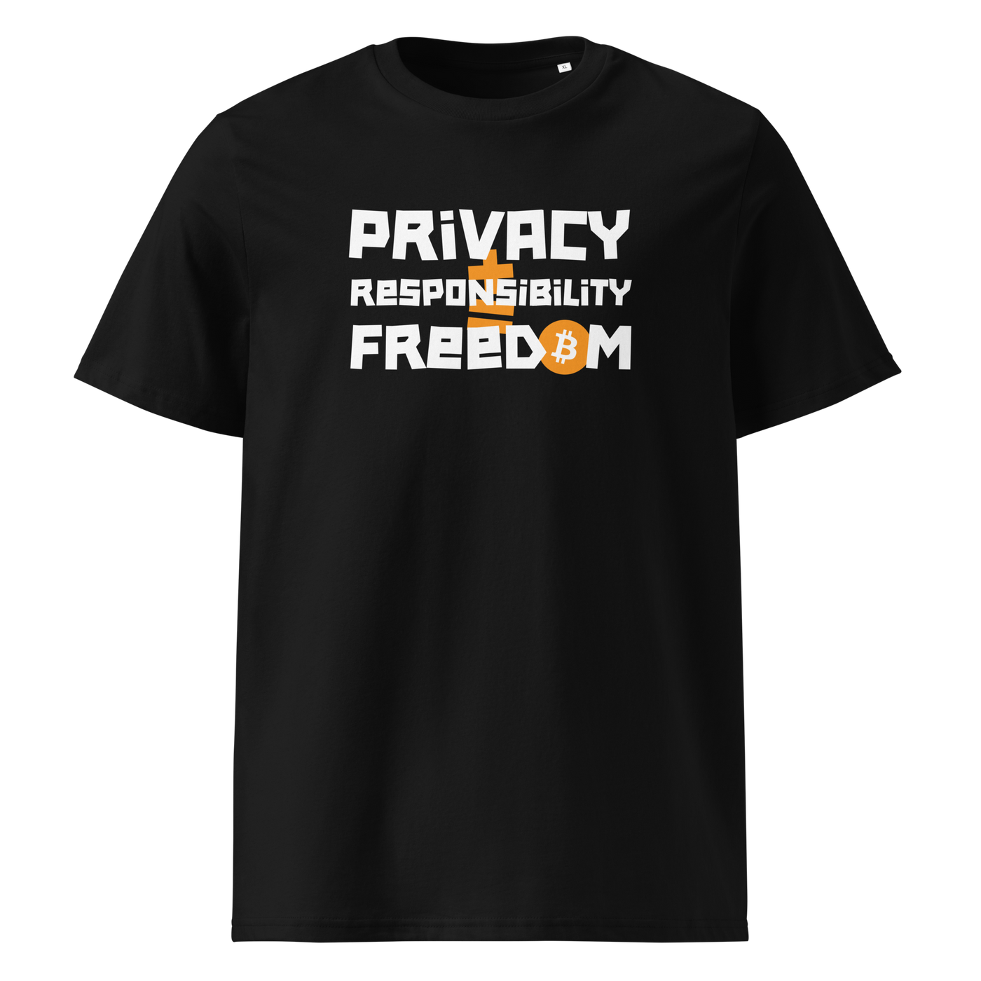Privacy Responsibility Freedom organic cotton bitcoin t-shirt in Black, front view: Privacy Responsibility Freedom in white stencil letters, the O of Freedom an orange bitcoin coin.
