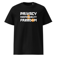 Privacy Responsibility Freedom organic cotton bitcoin t-shirt in Black, front view: Privacy Responsibility Freedom in white stencil letters, the O of Freedom an orange bitcoin coin.