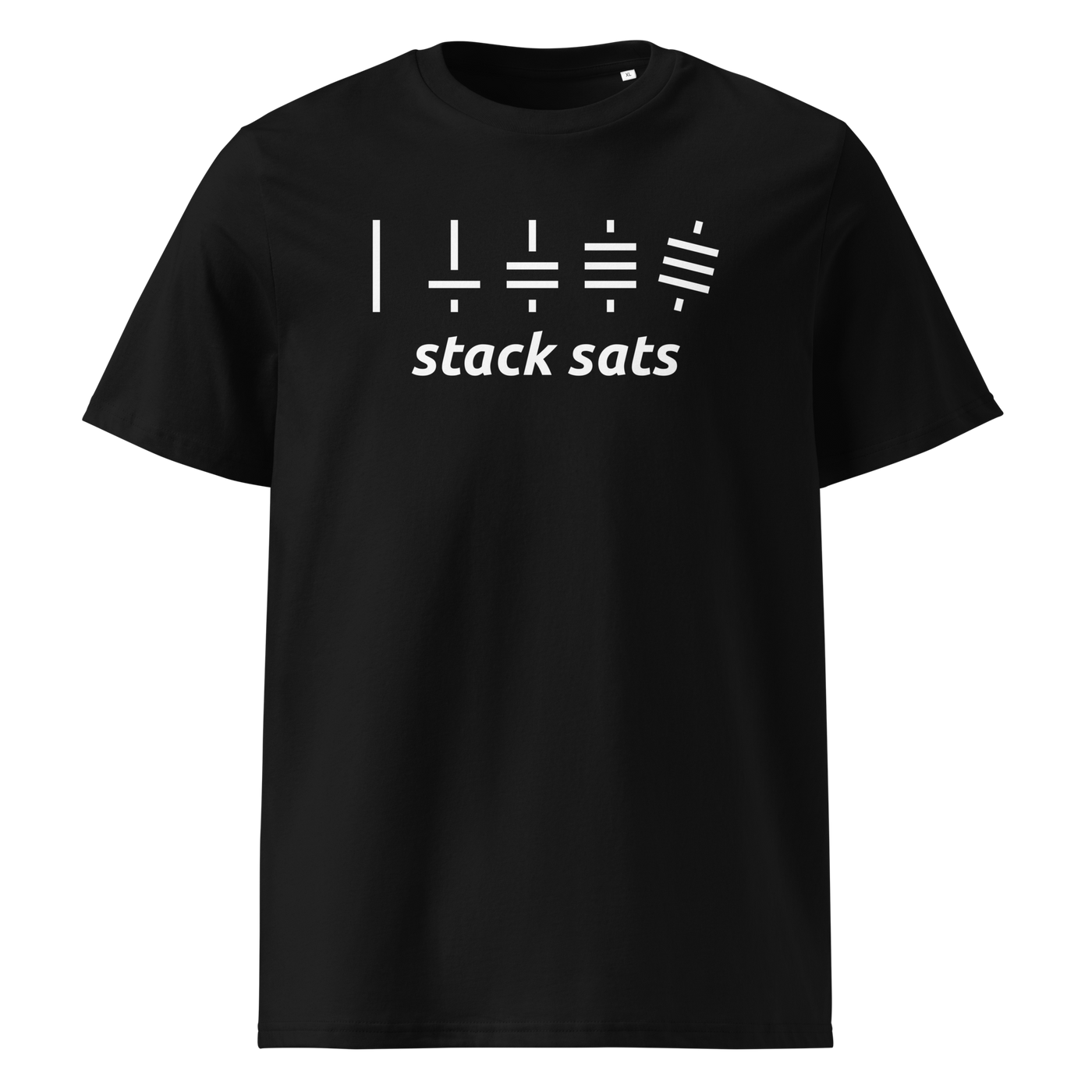 Stack Sats organic cotton bitcoin t-shirt in Black, front view: five rising stacks of lines above the words stack sats.