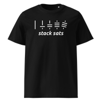 Stack Sats organic cotton bitcoin t-shirt in Black, front view: five rising stacks of lines above the words stack sats.