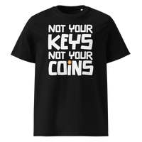 Not your Keys not your Coins organic cotton bitcoin t-shirt in Black, front view: Not your Keys not your Coins in bold black letters with an orange bitcoin dot.