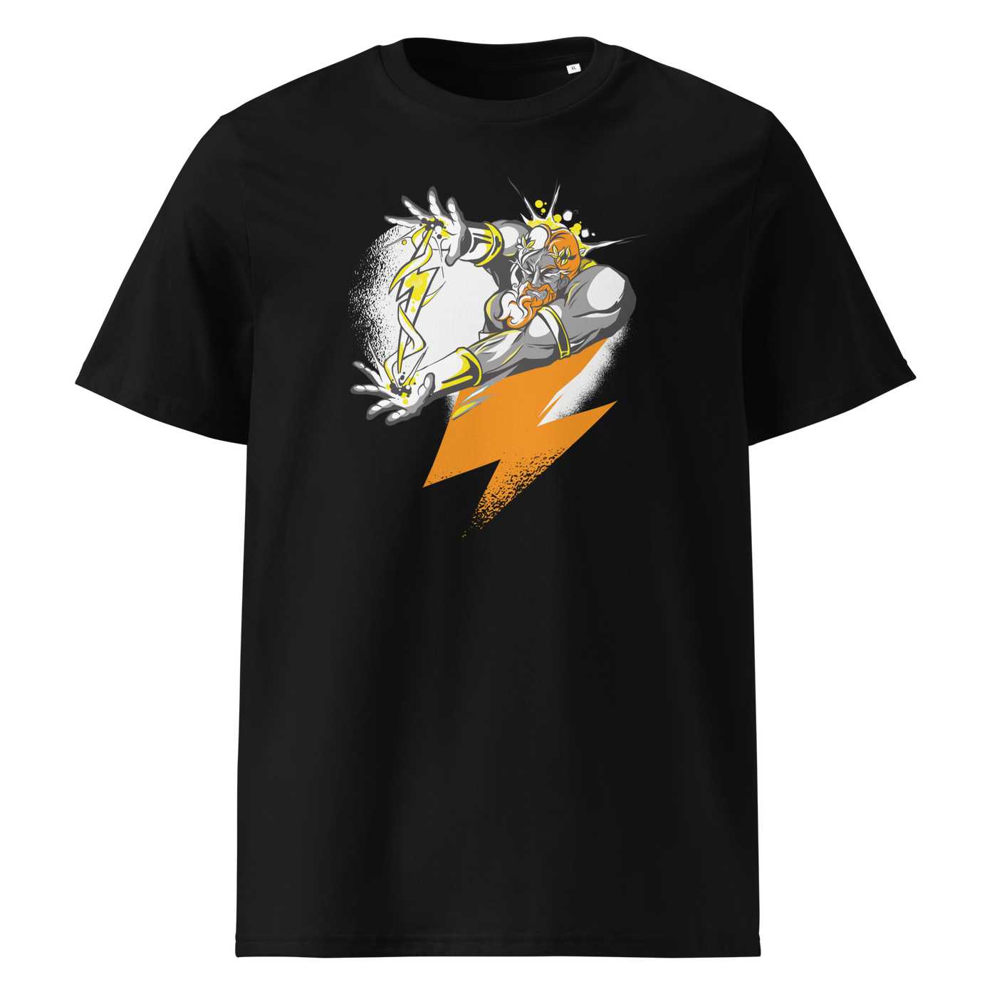 Bitcoin Support Zeus organic cotton bitcoin t-shirt in Black, front view: Zeus hurling an orange lightning bolt from a cloud.