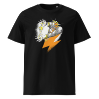 Bitcoin Support Zeus organic cotton bitcoin t-shirt in Black, front view: Zeus hurling an orange lightning bolt from a cloud.