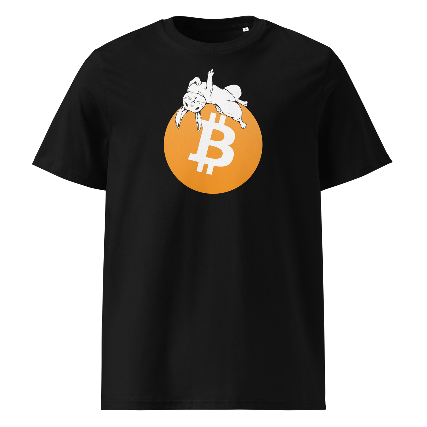 White Rabbit Bitcoin - F*** Fiat Money organic cotton bitcoin t-shirt in Black, front view: a white rabbit leaping over a large orange bitcoin coin.