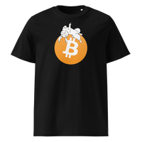 White Rabbit Bitcoin - F*** Fiat Money organic cotton bitcoin t-shirt in Black, front view: a white rabbit leaping over a large orange bitcoin coin.