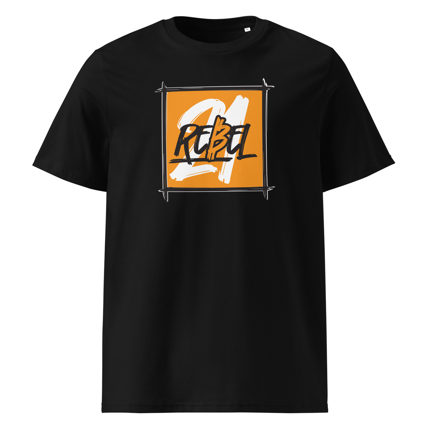 21 Rebel organic cotton bitcoin t-shirt in Black, front view: a brushed orange square with 21 REBEL in white and black lettering.
