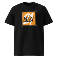 21 Rebel organic cotton bitcoin t-shirt in Black, front view: a brushed orange square with 21 REBEL in white and black lettering.