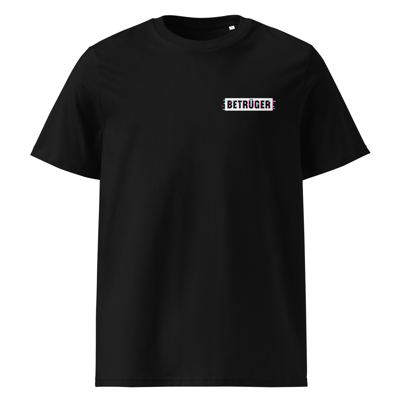 Betrüger anarcho late night organic cotton t-shirt in Black, front view: a small black box logo reading Betrueger on the left chest.