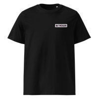 Betrüger anarcho late night organic cotton t-shirt in Black, front view: a small black box logo reading Betrueger on the left chest.