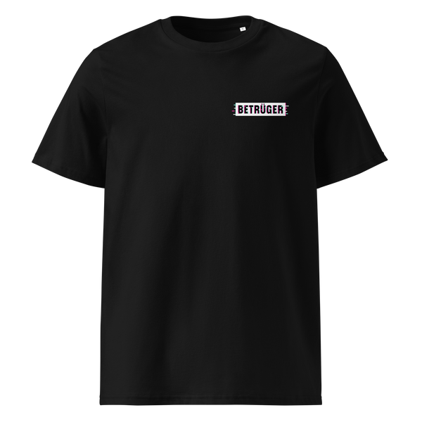 Betrüger anarcho late night organic cotton t-shirt in Black, front view: a small black box logo reading Betrueger on the left chest.