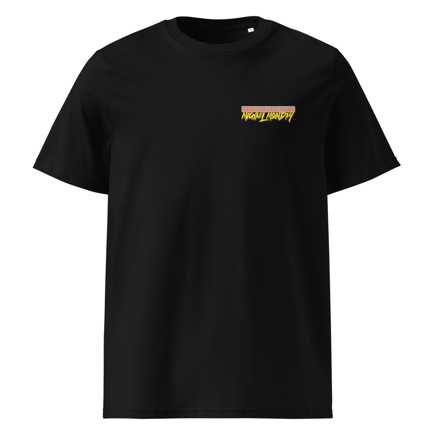 Michael Monday anarcho late night organic cotton t-shirt in Black, front view: small Michael Monday brush lettering on the left chest.