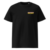 Michael Monday anarcho late night organic cotton t-shirt in Black, front view: small Michael Monday brush lettering on the left chest.