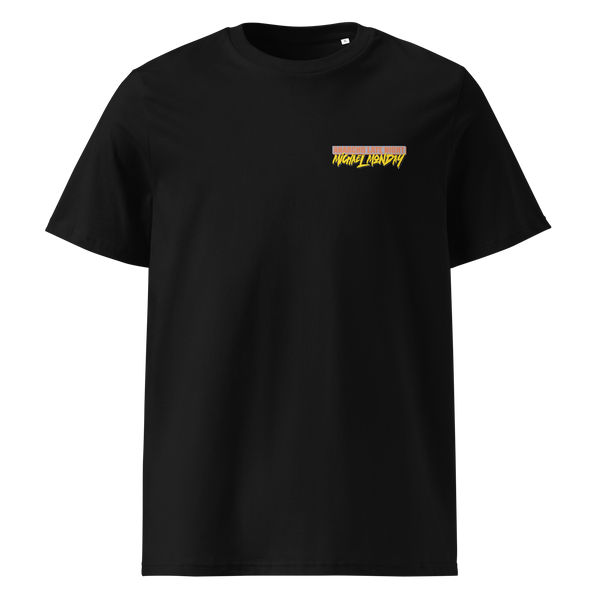 Michael Monday anarcho late night organic cotton t-shirt in Black, front view: small Michael Monday brush lettering on the left chest.