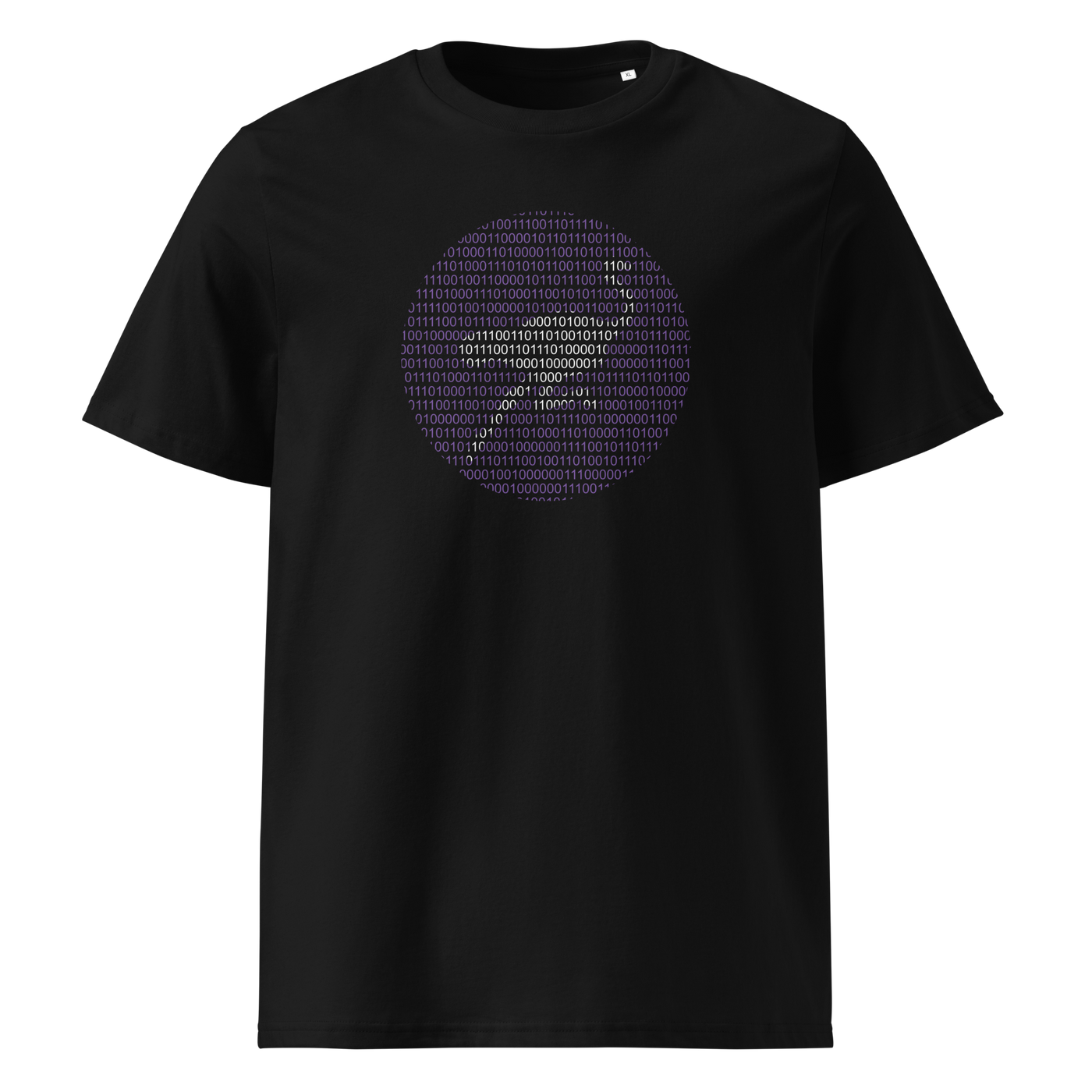 Nostr Binary organic cotton nostr t-shirt in Black, front view: a round emblem built from purple binary digits.