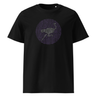 Nostr Binary organic cotton nostr t-shirt in Black, front view: a round emblem built from purple binary digits.