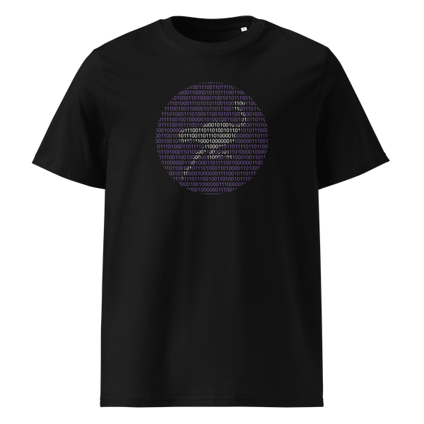 Nostr Binary organic cotton nostr t-shirt in Black, front view: a round emblem built from purple binary digits.