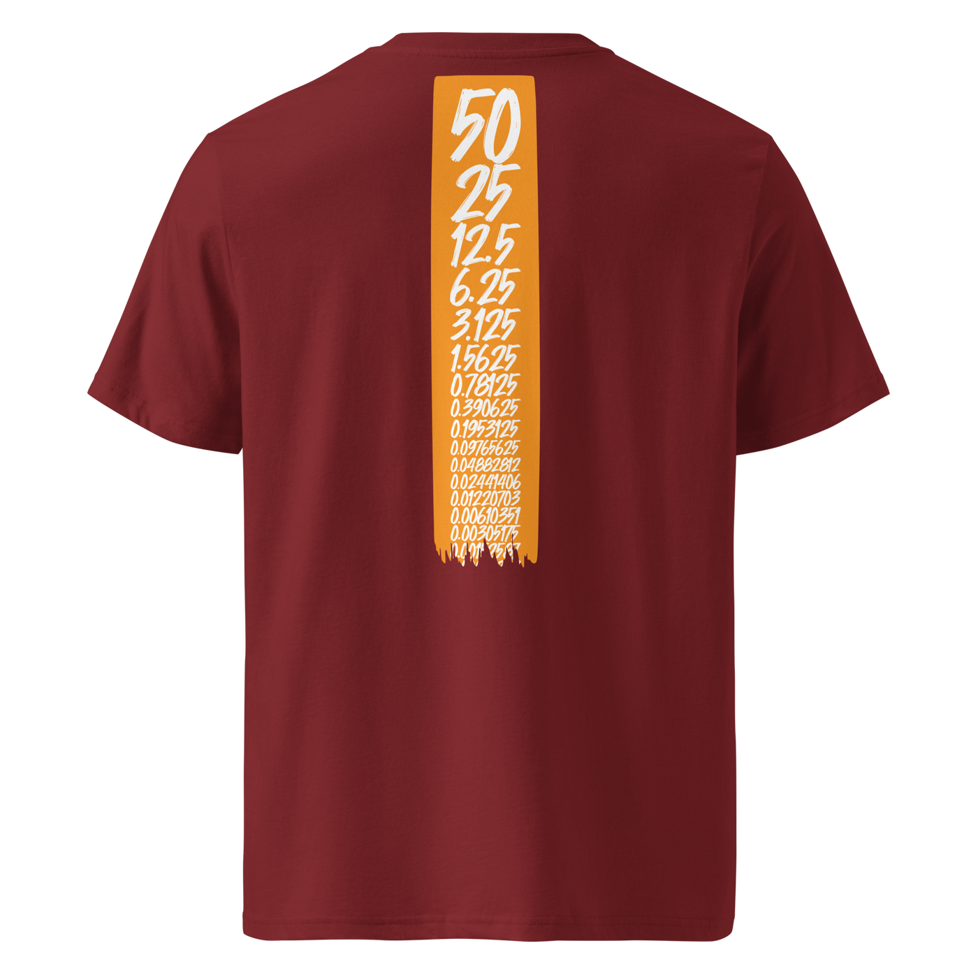 Bitcoin Halving organic cotton bitcoin t-shirt in Burgundy, back view: an orange banner listing the halving block rewards from 50 down to 0.00190735.