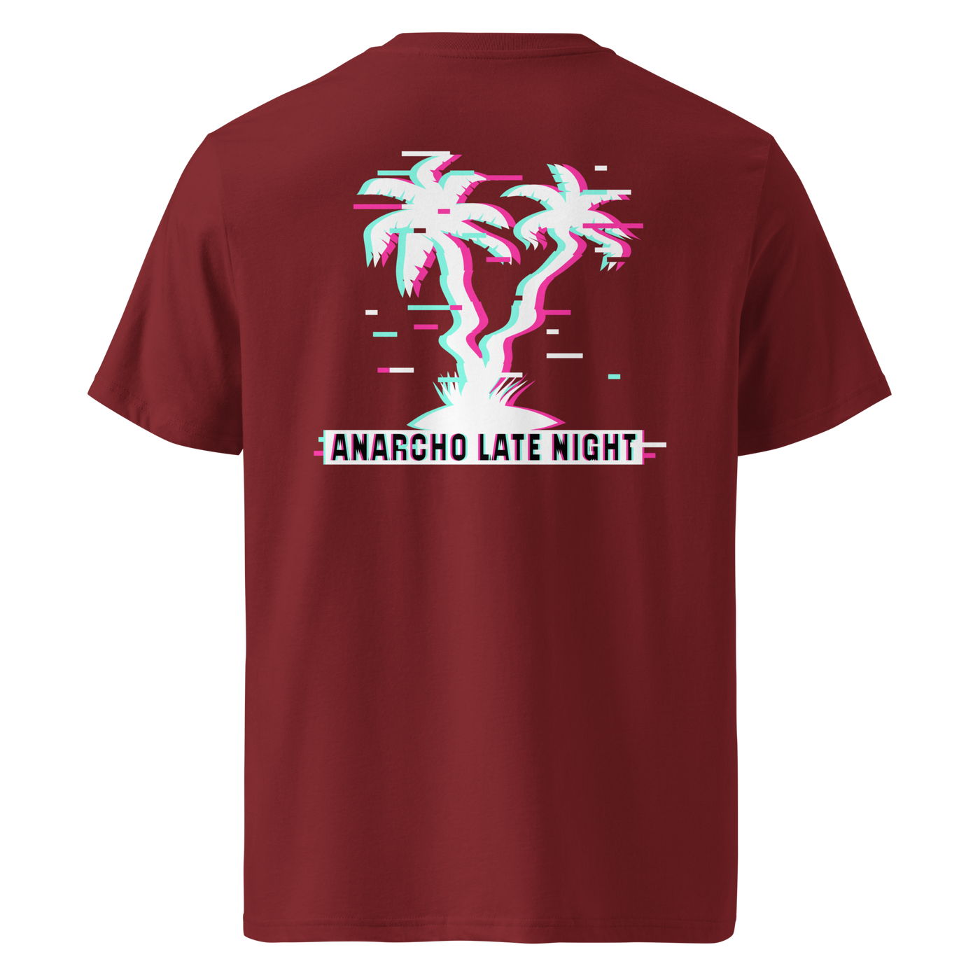 Betrüger anarcho late night organic cotton t-shirt in Burgundy, back view: neon glitch palm trees above a banner reading Anarcho Late Night.