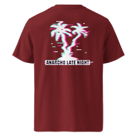 Betrüger anarcho late night organic cotton t-shirt in Burgundy, back view: neon glitch palm trees above a banner reading Anarcho Late Night.