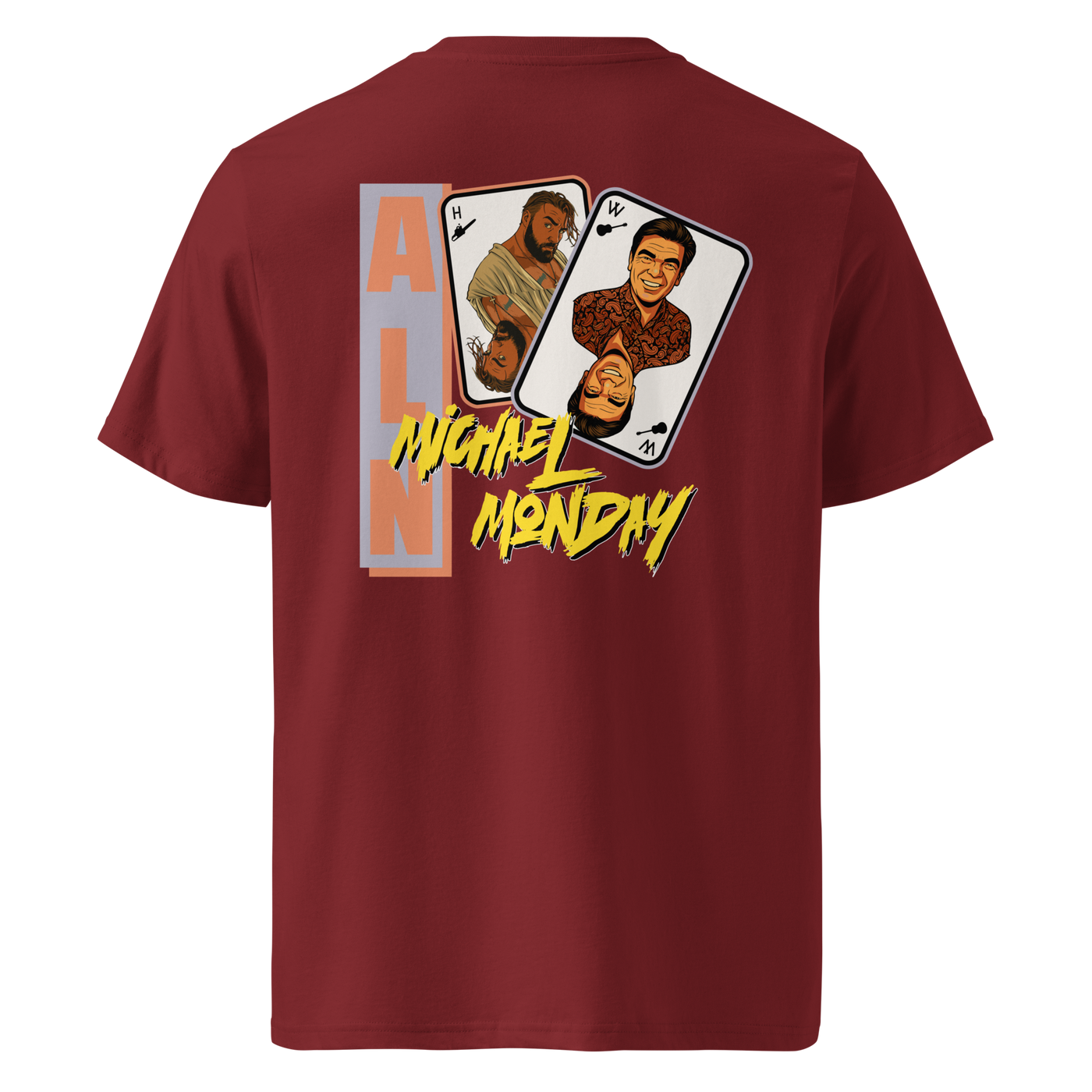 Michael Monday anarcho late night organic cotton t-shirt in Burgundy, back view: two playing cards with illustrated portraits next to Michael Monday in yellow brush lettering.
