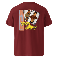 Michael Monday anarcho late night organic cotton t-shirt in Burgundy, back view: two playing cards with illustrated portraits next to Michael Monday in yellow brush lettering.