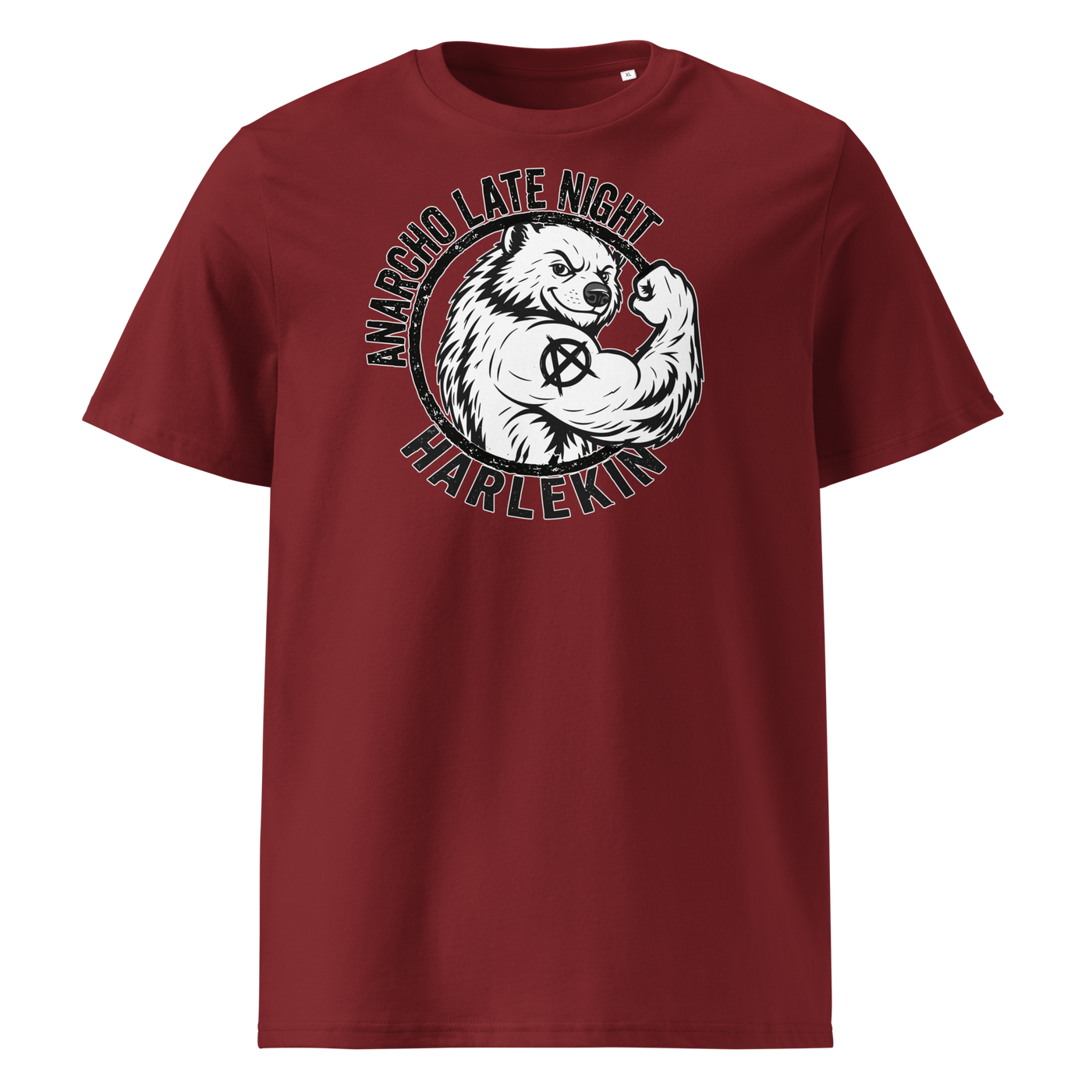 Anarcho Late Night organic cotton t-shirt in Burgundy, front view: a round black emblem of a flexing badger reading Anarcho Late Night Harlekin.