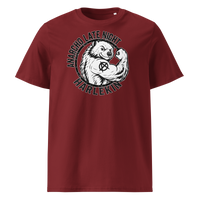 Anarcho Late Night organic cotton t-shirt in Burgundy, front view: a round black emblem of a flexing badger reading Anarcho Late Night Harlekin.