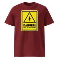 Lightning - Danger! Fast Transactions organic cotton bitcoin t-shirt in Burgundy, front view: a yellow warning sign with a lightning bolt reading Danger! Fast Transactions.