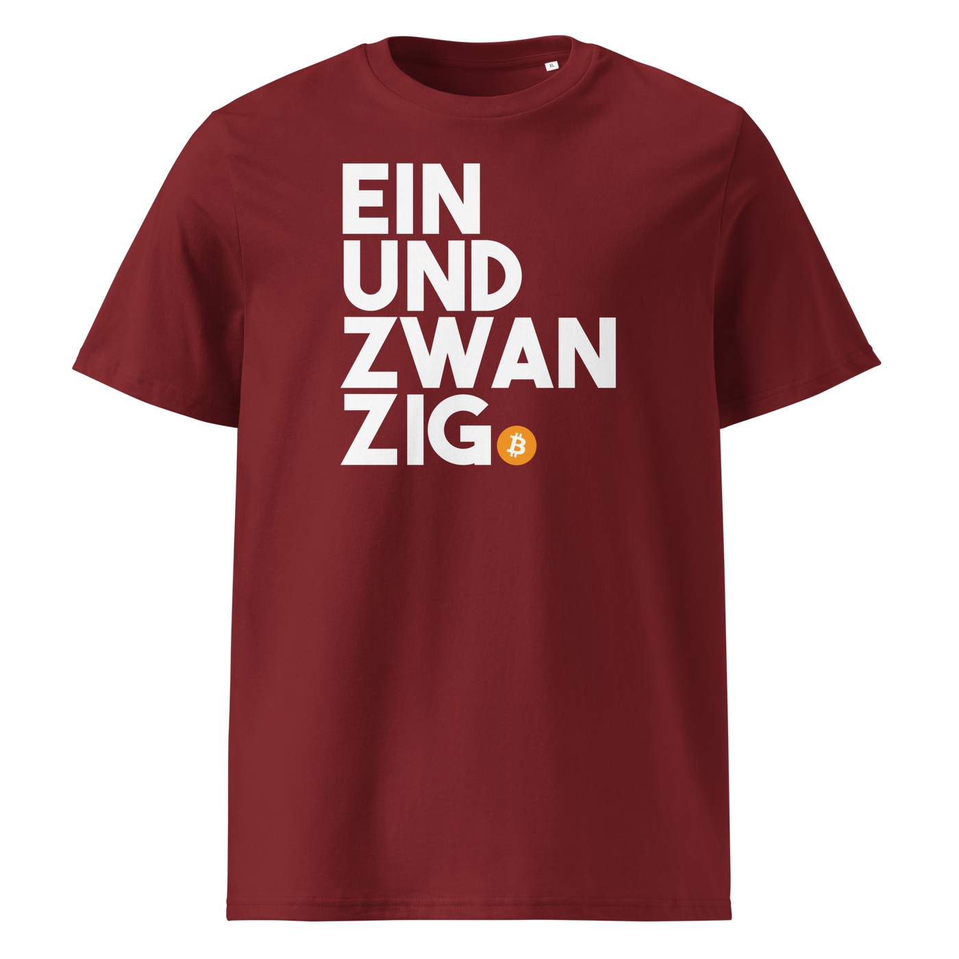 Einundzwanzig organic cotton bitcoin t-shirt in Burgundy, front view: Einundzwanzig stacked in black block letters with an orange bitcoin coin.