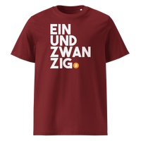 Einundzwanzig organic cotton bitcoin t-shirt in Burgundy, front view: Einundzwanzig stacked in black block letters with an orange bitcoin coin.