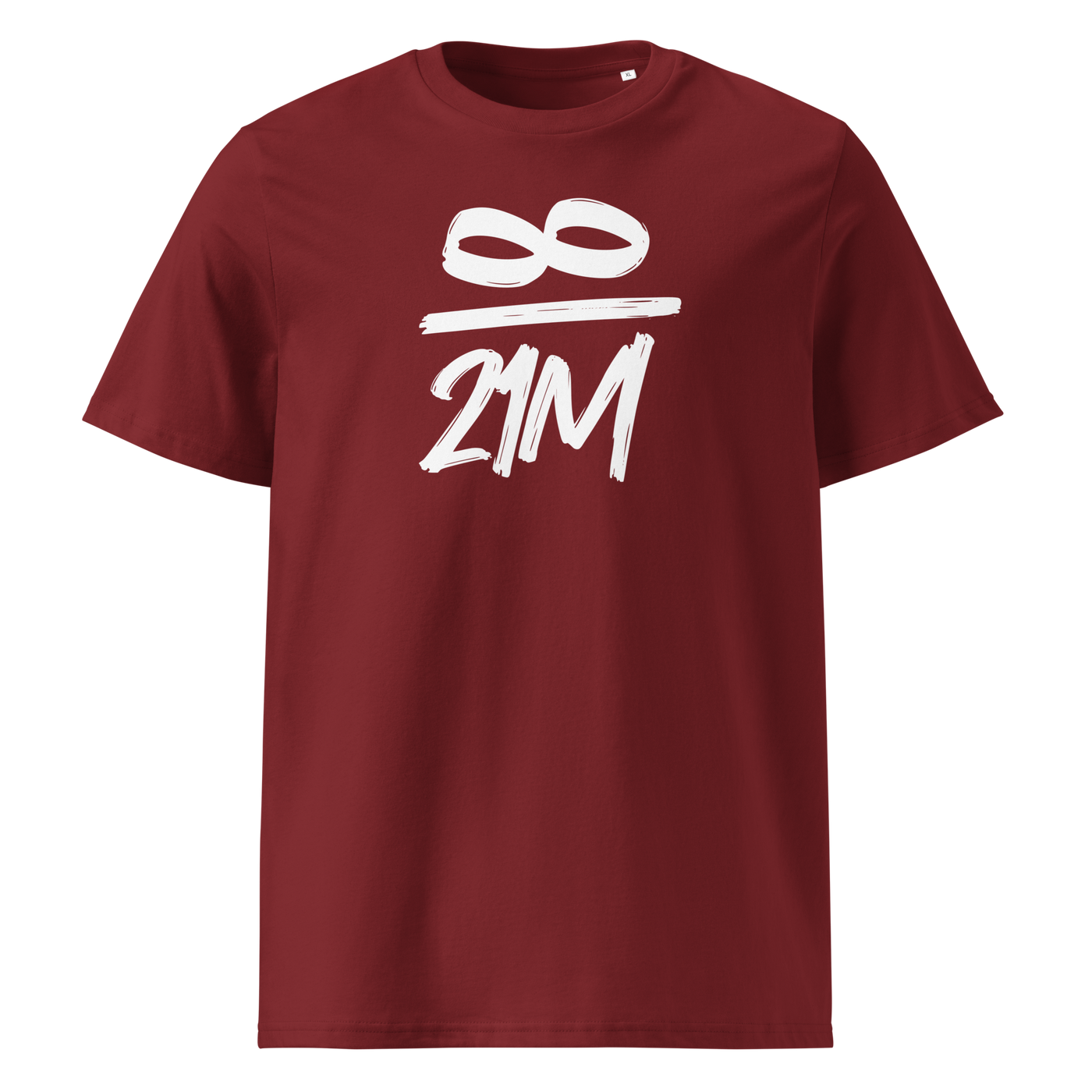 Infinity / 21 Million organic cotton bitcoin t-shirt in Burgundy, front view: an infinity symbol over 21M in black brush lettering.