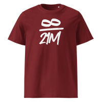 Infinity / 21 Million organic cotton bitcoin t-shirt in Burgundy, front view: an infinity symbol over 21M in black brush lettering.