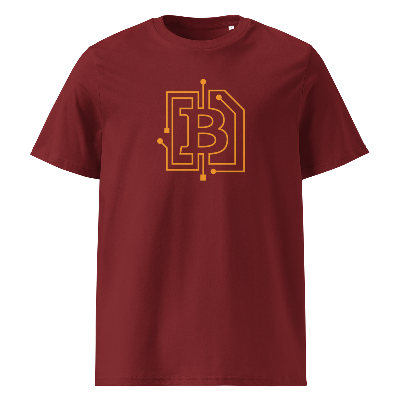 Circuit Board organic cotton bitcoin t-shirt in Burgundy, front view: an orange bitcoin B drawn as circuit board traces.