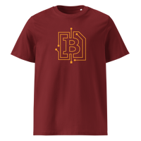 Circuit Board organic cotton bitcoin t-shirt in Burgundy, front view: an orange bitcoin B drawn as circuit board traces.