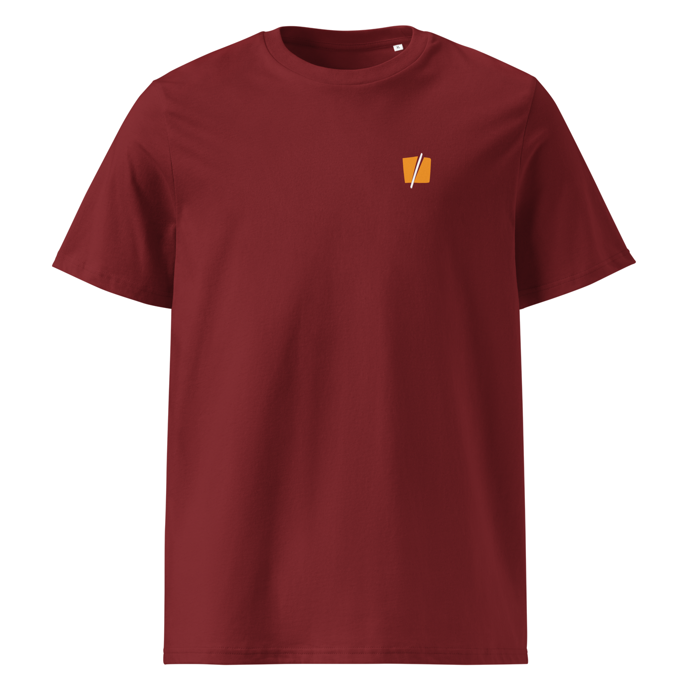 Bitcoin Halving organic cotton bitcoin t-shirt in Burgundy, front view: a small halved orange bitcoin symbol on the left chest.